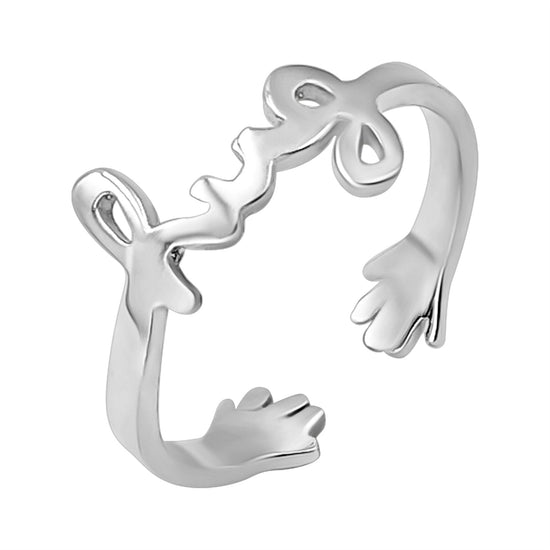 Sterling Silver Hug Word Script Ring - Hugging Hand Open Band