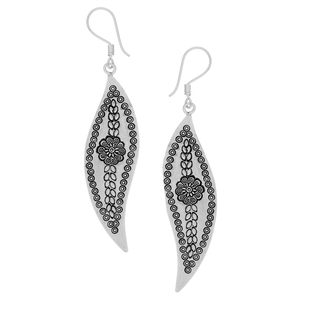 Karen Hill Tribe Silver Flower Motif Leaf Shaped Drop Earrings