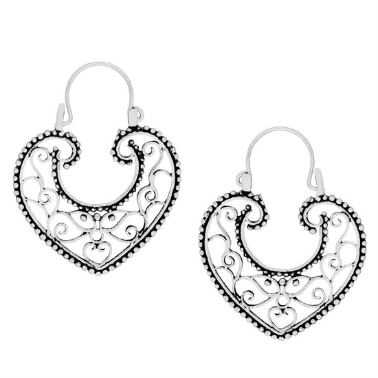 Sterling Silver Bali Filigree Heart Dangle Earrings