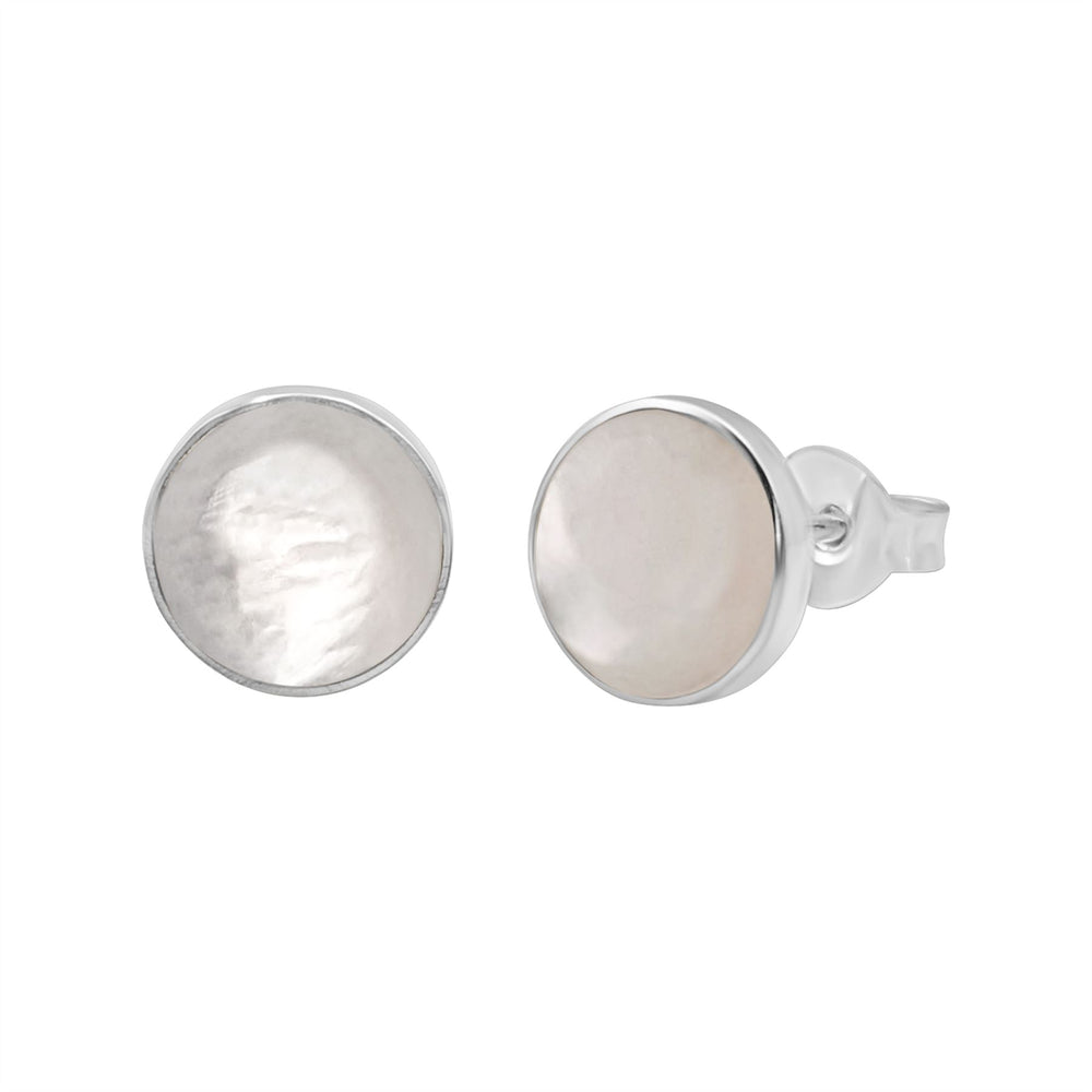 terling Silver Round Mother of Pearl Stud Earrings - Dainty Gemstone