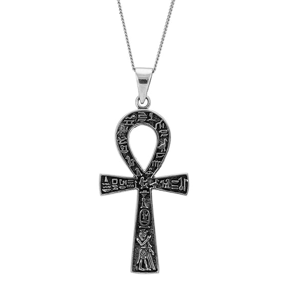Sterling Silver Large Egyptian Ankh Cross Hieroglyphic Pendant Necklace