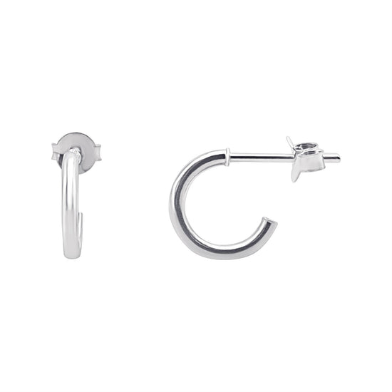 A pair of small, sterling silver hoop earrings with a butterfly back closure, displayed against a white background.