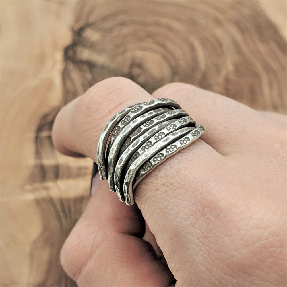 
                  
                    Hill Tribe Silver Chunky Multi-Layer Ribbon Tribal Motif Ring
                  
                