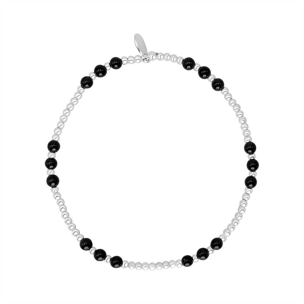 Sterling Silver Onyx Stretch Bracelet for Stacking - Beaded Design