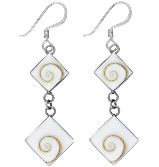Sterling Silver Double Square Shiva Eye Shell Dangle Earrings