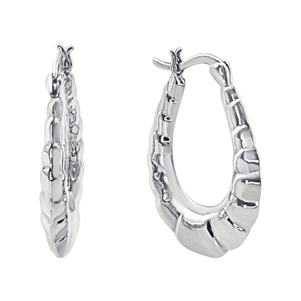 Sterling Silver Croissant Hoop Earrings - 20mm Ribbed Oval Hoops