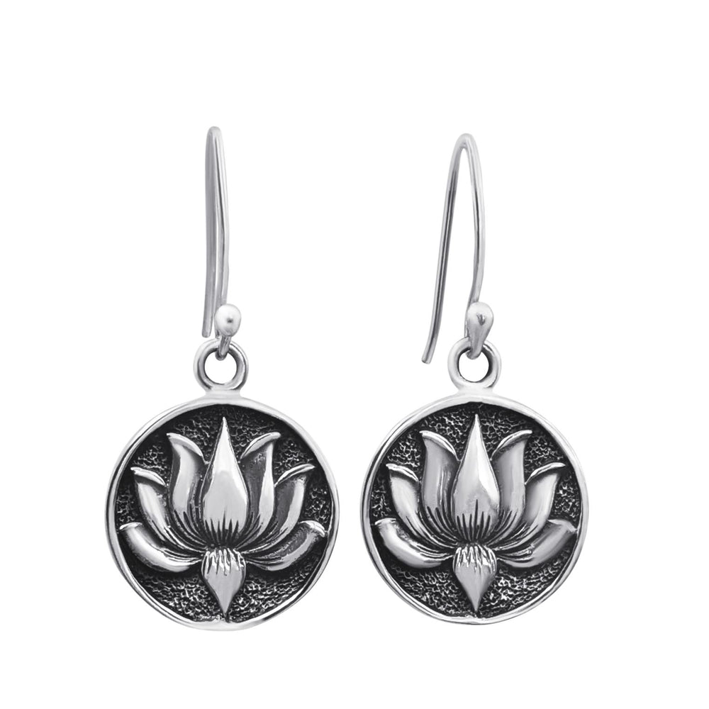 Sterling Silver Round Disc Lotus Flower Dangle Earrings Boho Style