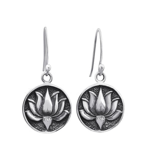 
                  
                    Sterling Silver Round Disc Lotus Flower Dangle Earrings Boho Style
                  
                