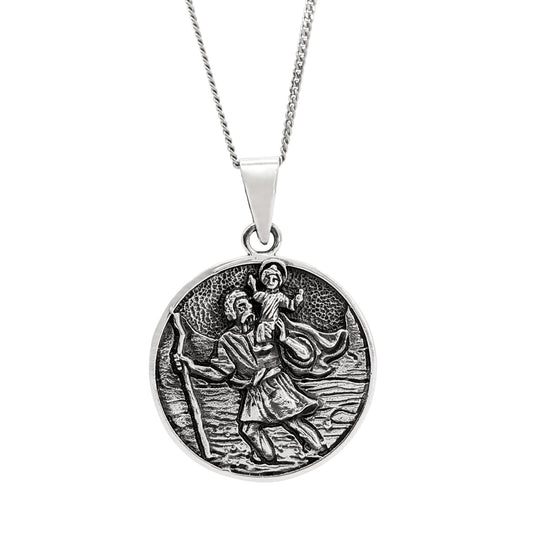 Sterling Silver Round St Christopher Pendant - Saint Medallion Necklace