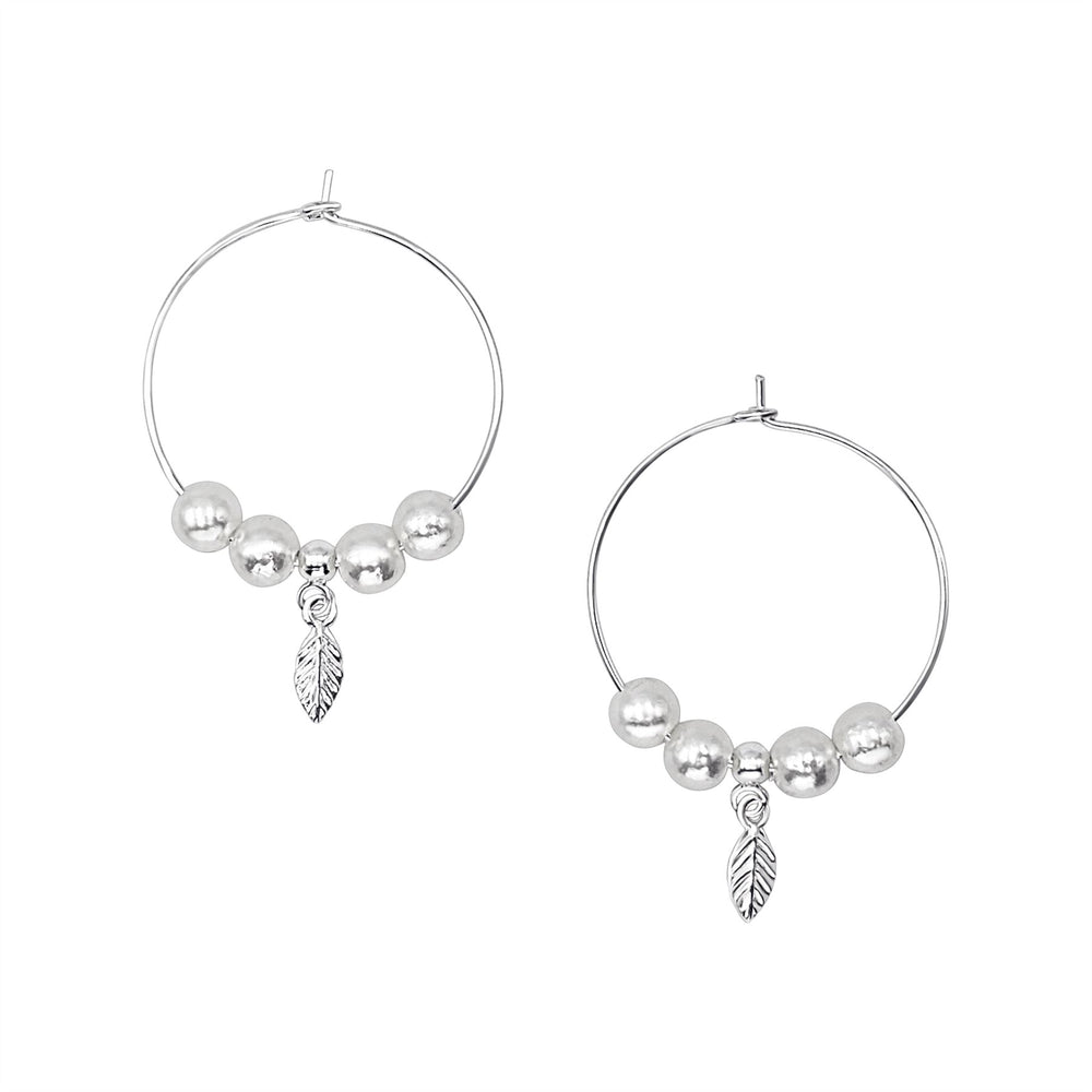 Sterling Silver Pearl Bead Hoop Earrings - Boho Leaf Hoops