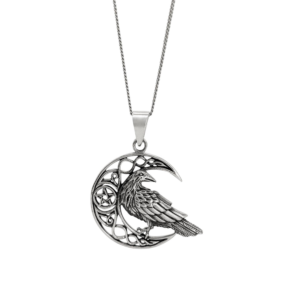 Sterling Silver Celtic Moon Raven Pendant Gothic Wiccan Necklace