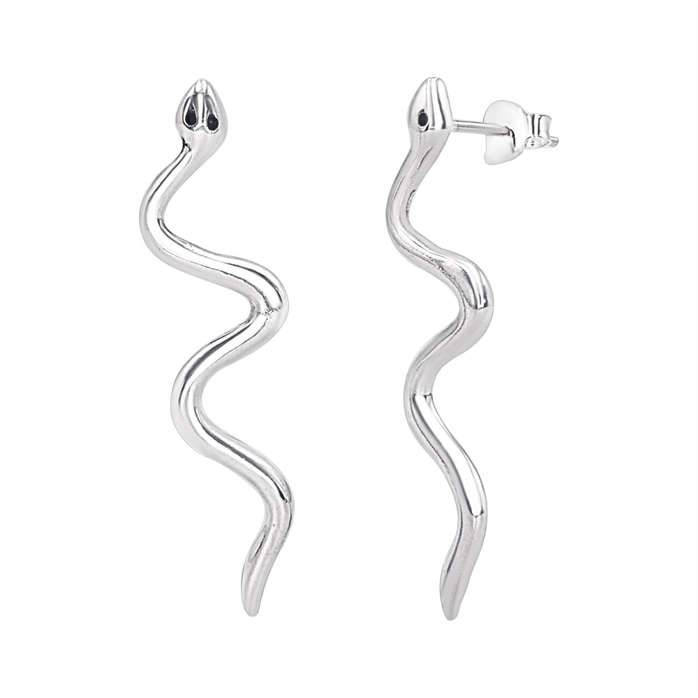 Sterling Silver Long Snake Earrings - Wavy Serpent Design