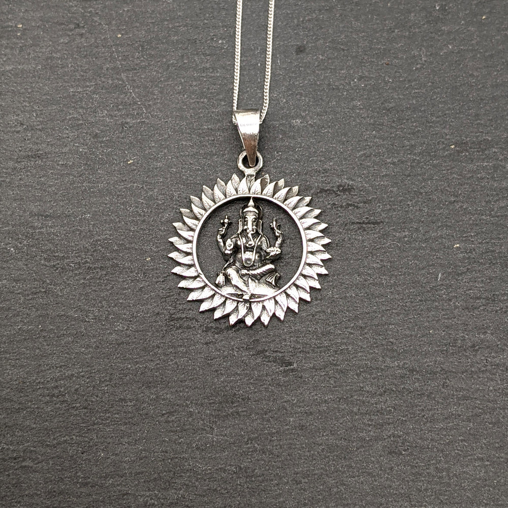 
                  
                    Sterling Silver Large Round Sitting Ganesh Hindu God Pendant Necklace
                  
                