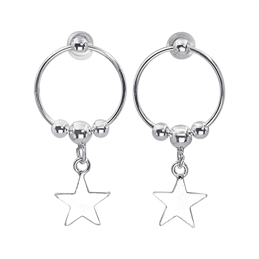 Sterling Silver Star Drop Earrings - Beaded Open Circle Studs