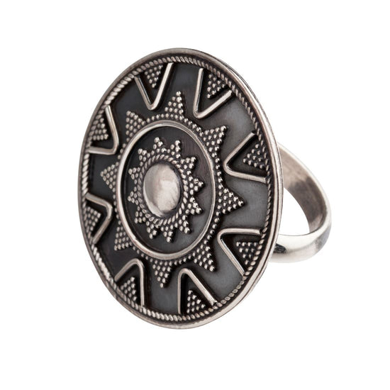 Sterling Silver Oxidised Sun Dot Work Statement Round Disc Tribal Ring
