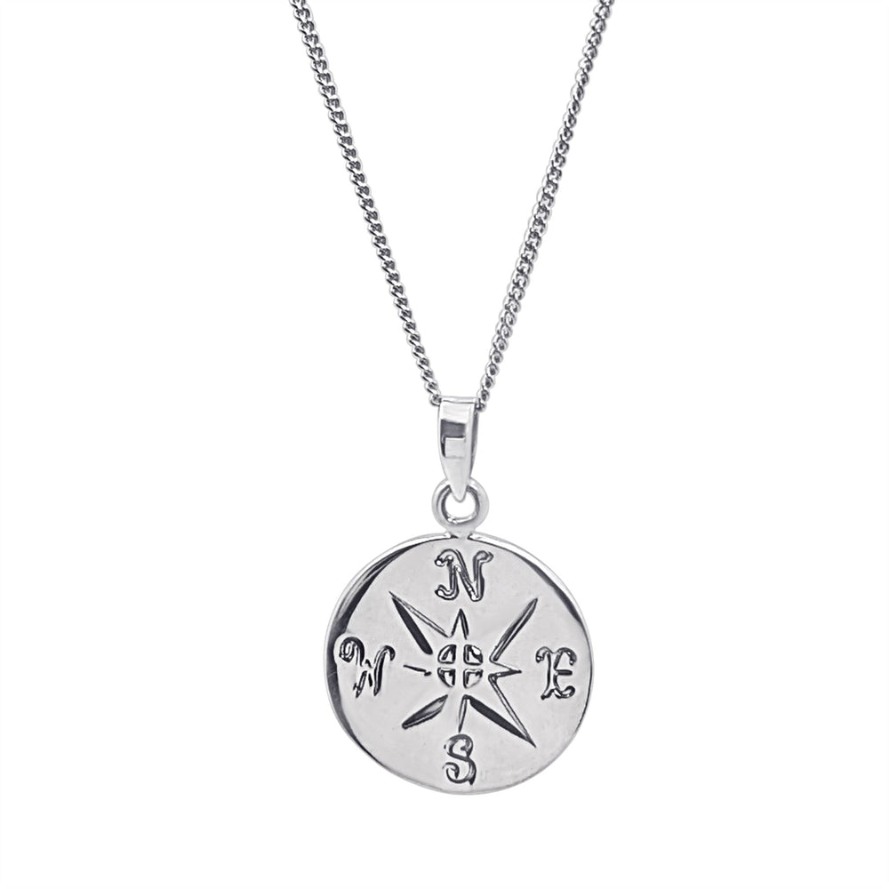 Sterling Silver Compass Pendant - Northern Star Travel Charm Necklace