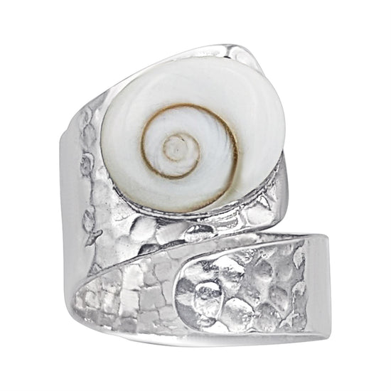 Sterling Silver Wide Hammered Shiva Eye Shell Ring - Wraparound Design