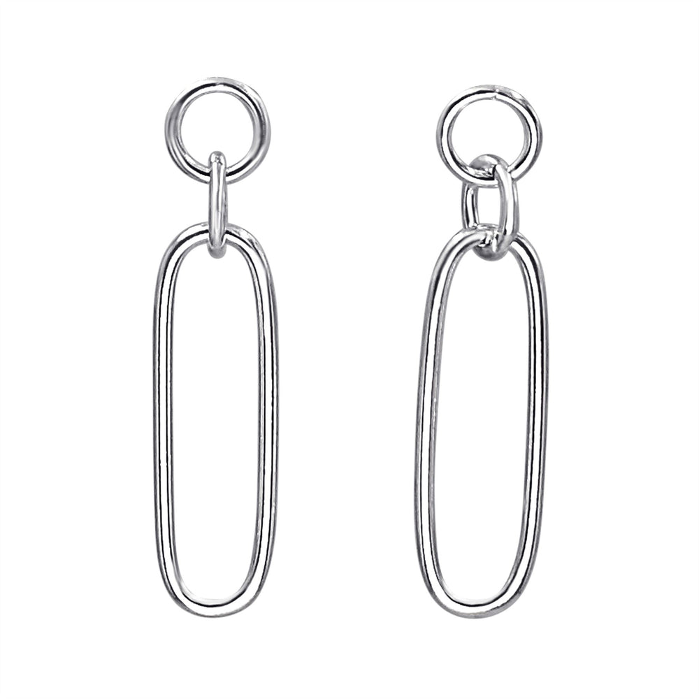 Sterling Silver Oval Circle Dangle Earrings - Paperclip Chain Style