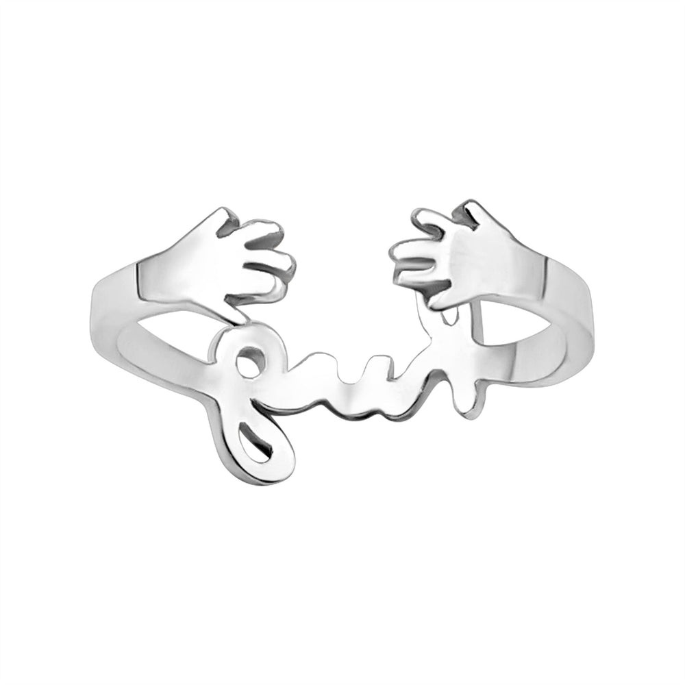 
                  
                    Sterling Silver Hug Word Script Ring - Hugging Hand Open Band
                  
                