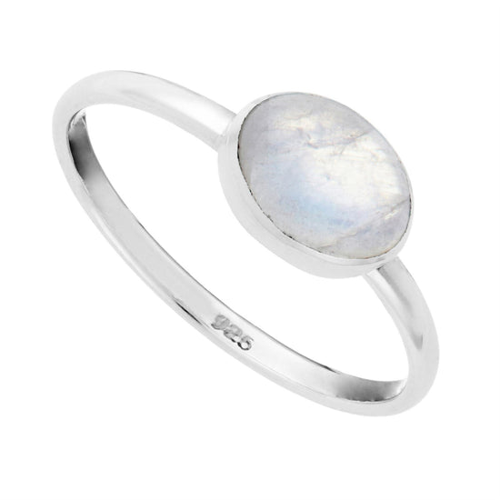 Sterling Silver Oval Moonstone Solitaire Ring - Gemstone Stacking Band