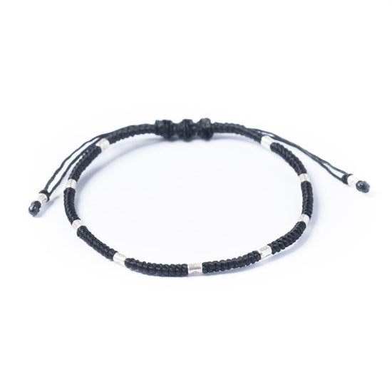 Sterling Silver Bead Black Cord Friendship Bracelet - Hill Tribe Design