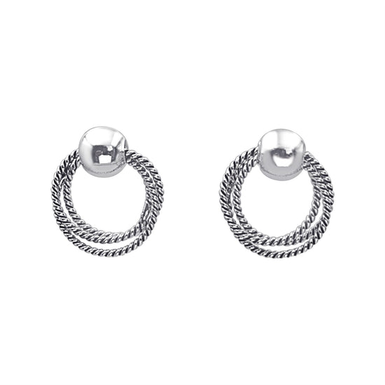Sterling Silver Twisted Rope Triple Circle Stud Earrings - Nautical