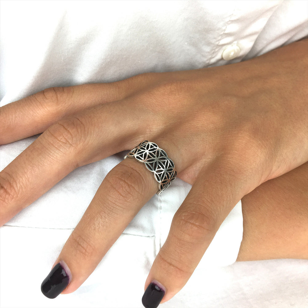 
                  
                    Sterling Silver Flower Of Life Geometric Open Band Ring
                  
                