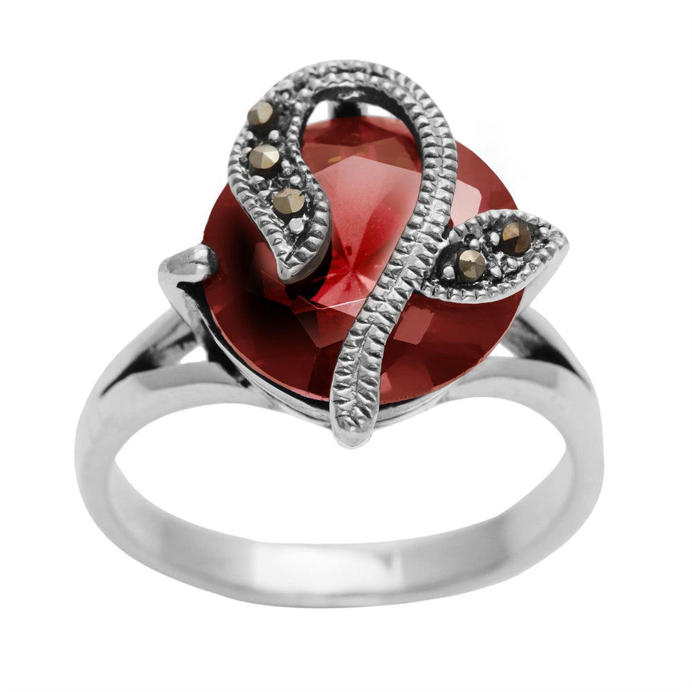 Sterling Silver Marcasite Red Round Cut CZ Flower Ring