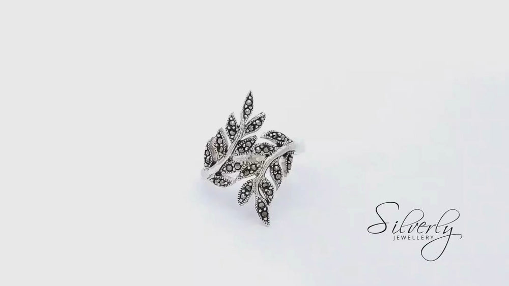 
                  
                    Load and play video in Gallery viewer, Sterling Silver Marcasite Art Nouveau Style Overlapping Leaf Vine Ring
                  
                