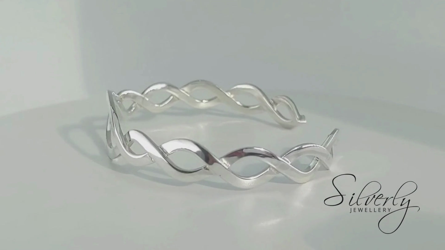 Sterling Silver Entwined Braided Adjustable Cuff Bangle - Wavy Twist Design