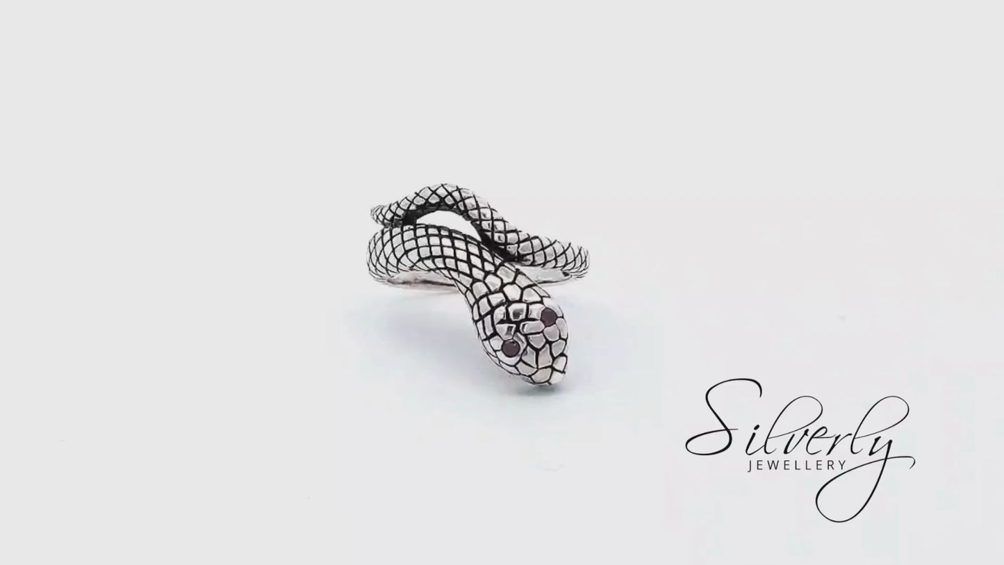 Sterling Silver Gothic Snake Wraparound Ring Red Eyed Serpent