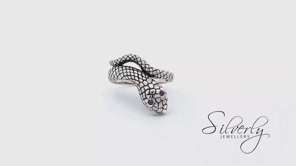 
                  
                    Load and play video in Gallery viewer, Sterling Silver Gothic Snake Wraparound Ring Red Eyed Serpent
                  
                