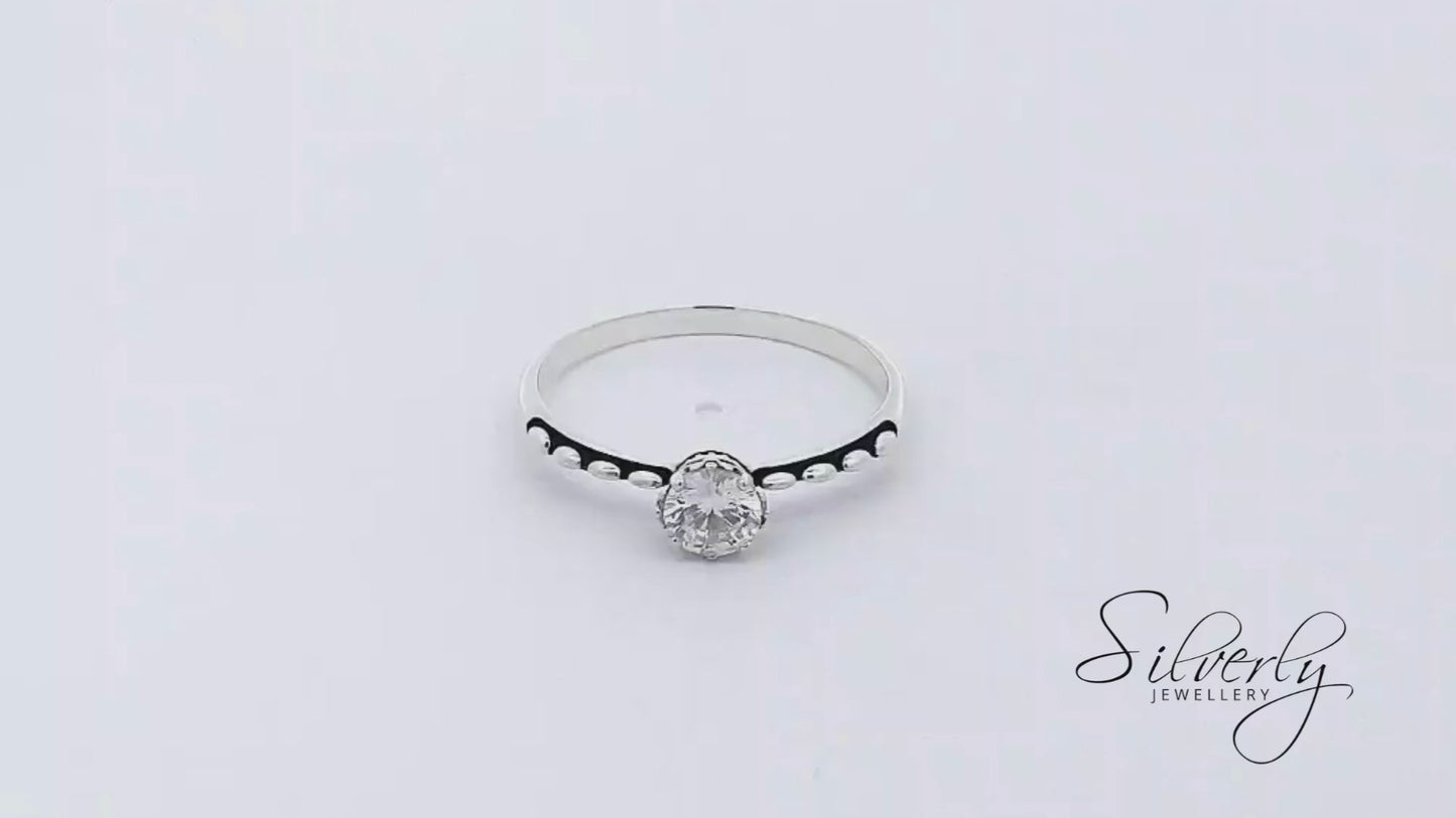 Sterling Silver Oxidised Cubic Zirconia CZ Solitaire Stackable Ring