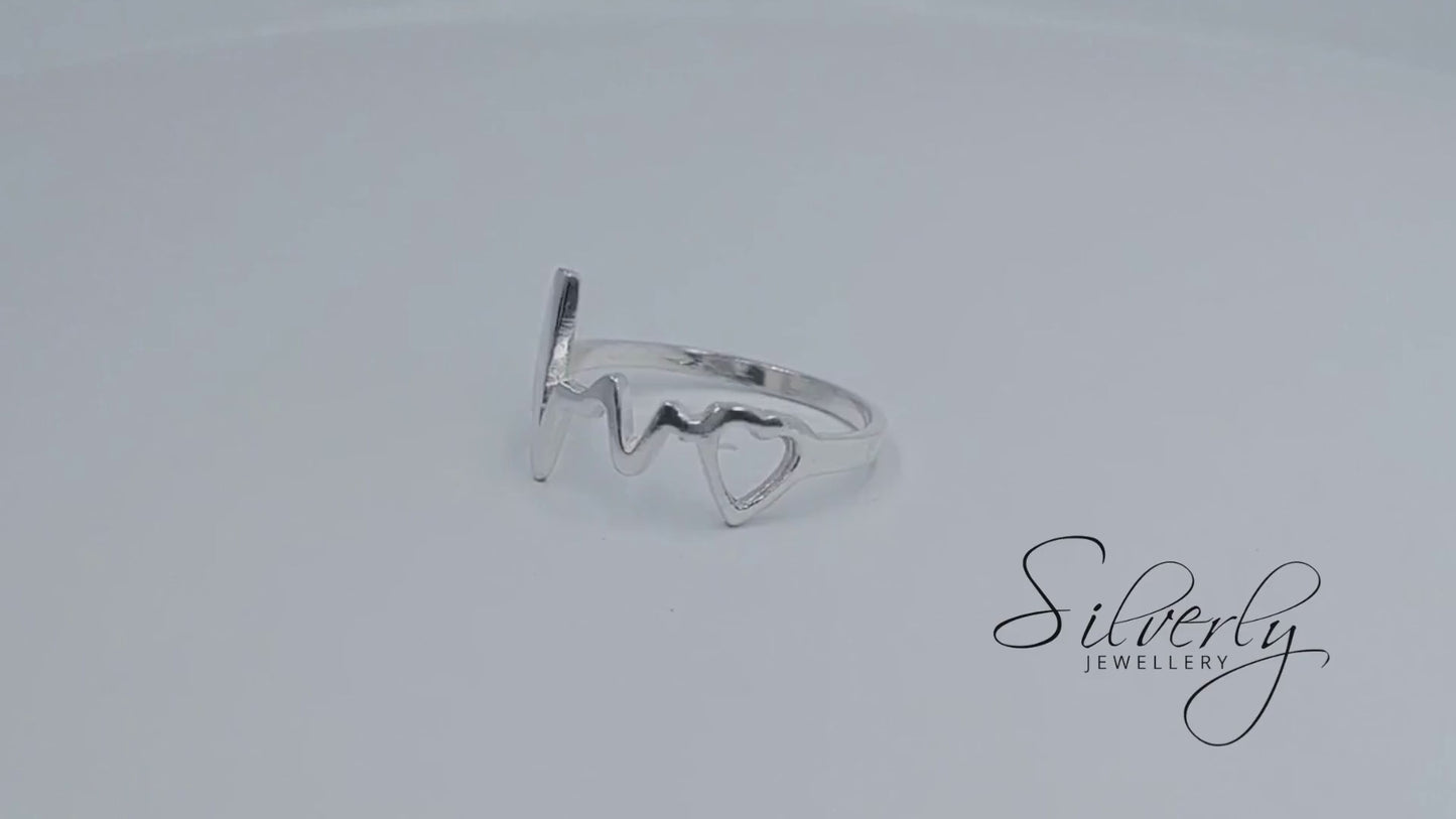 Sterling Silver Love Heart Heartbeat Ring Promise Band
