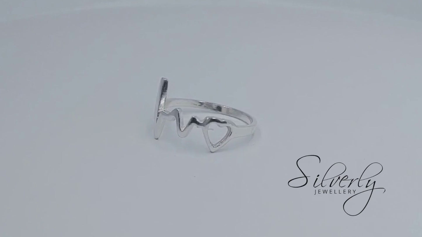 
                  
                    Load and play video in Gallery viewer, Sterling Silver Love Heart Heartbeat Ring Promise Band
                  
                