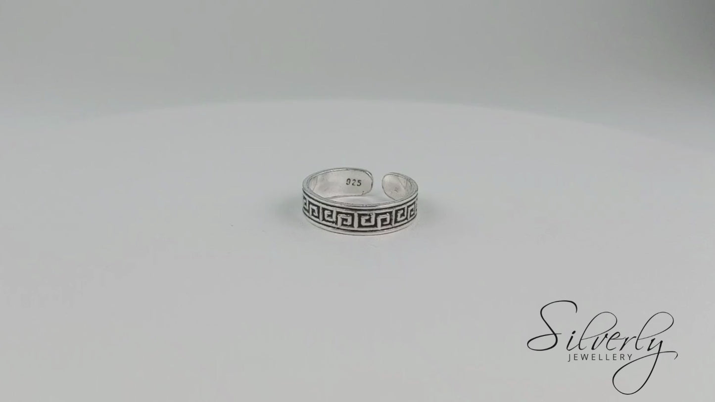 Sterling Silver Greek Key Toe Ring - Pinky Midi Finger Adjustable Band