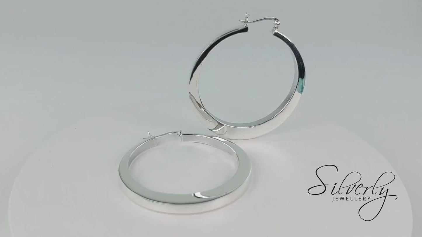 Sterling Silver Large Chunky Hoop Earrings - 5cm Flat-Edge Statement Hoops