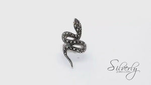 
                  
                    Load and play video in Gallery viewer, Sterling Silver Marcasite Vintage Style Statement Snake Serpent Ring
                  
                