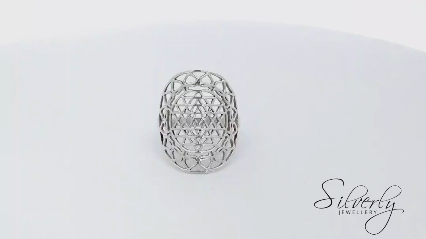Sterling Silver Wide Armour Cut-Out Sacred Geometry Sri Yantra Ring
