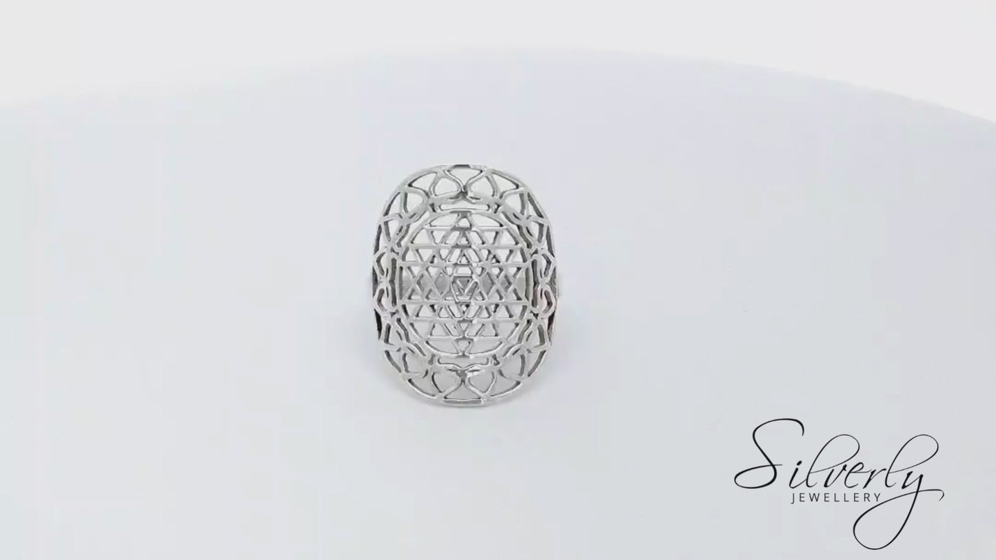 
                  
                    Load and play video in Gallery viewer, Sterling Silver Wide Armour Cut-Out Sacred Geometry Sri Yantra Ring
                  
                