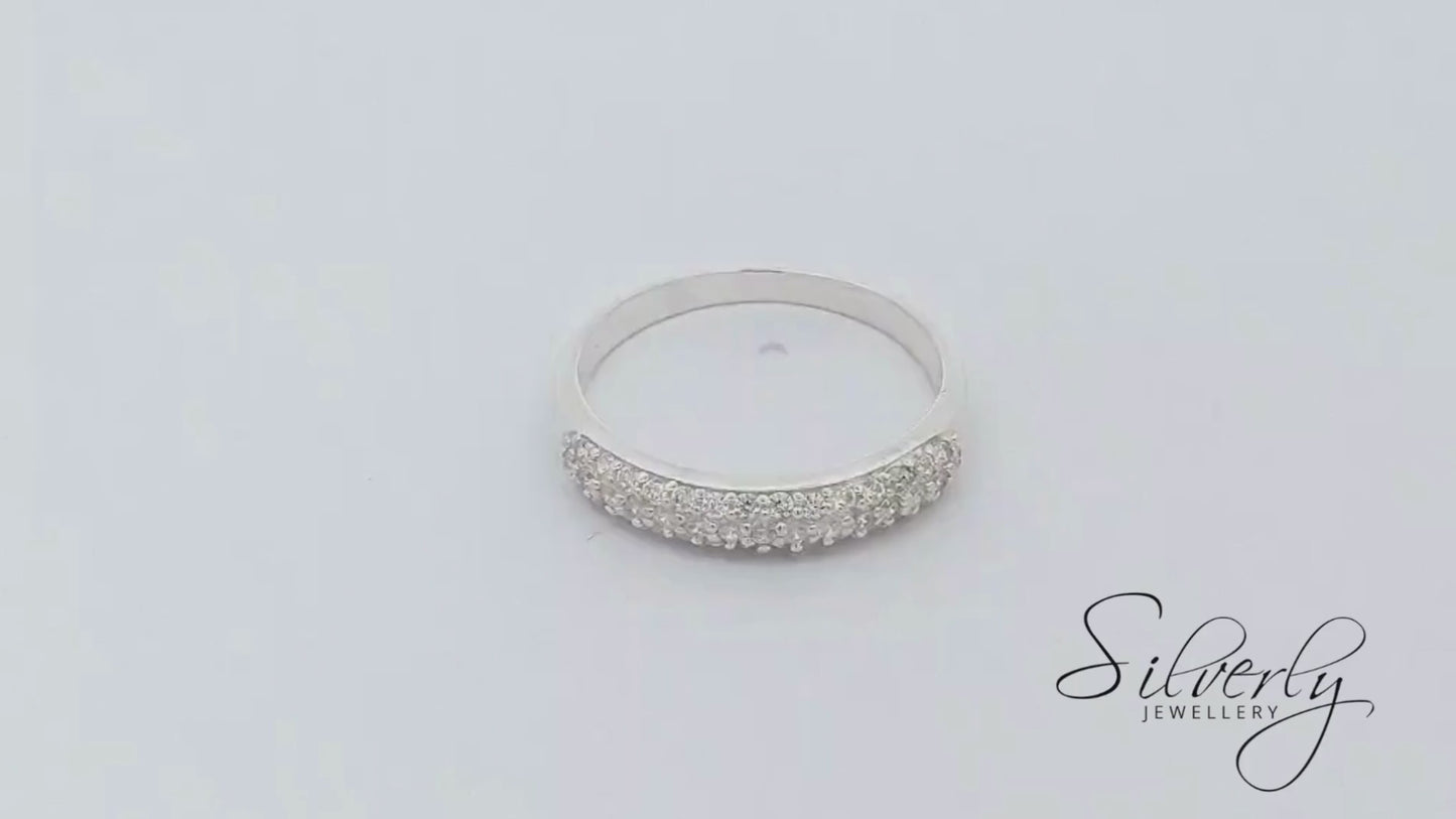 Sterling Silver Triple Row Pavé Cubic Zirconia Half-Eternity Ring - Wide Band