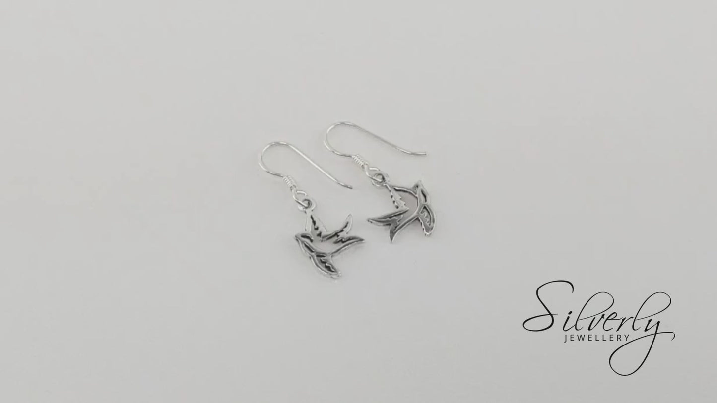 Sterling Silver Cut-Out Flying Bird Swallow Dove Dangle Earrings