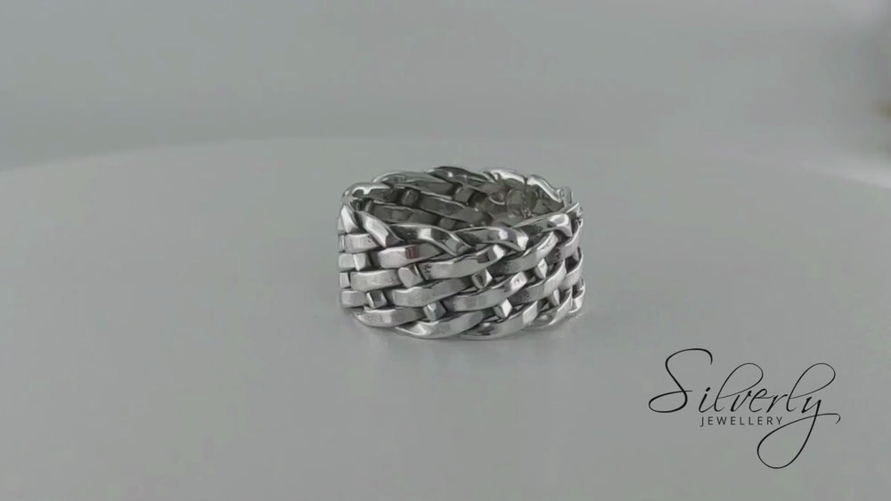 
                  
                    Load and play video in Gallery viewer, Sterling Silver Wide Woven Ring Chunky Braided Band for Couples
                  
                