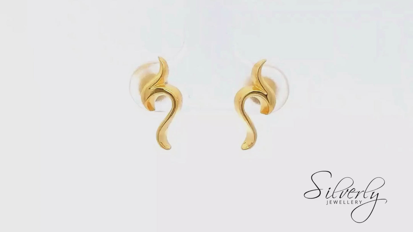Gold Plated Sterling Silver Wave Stud Earrings Ocean Ear Party Studs