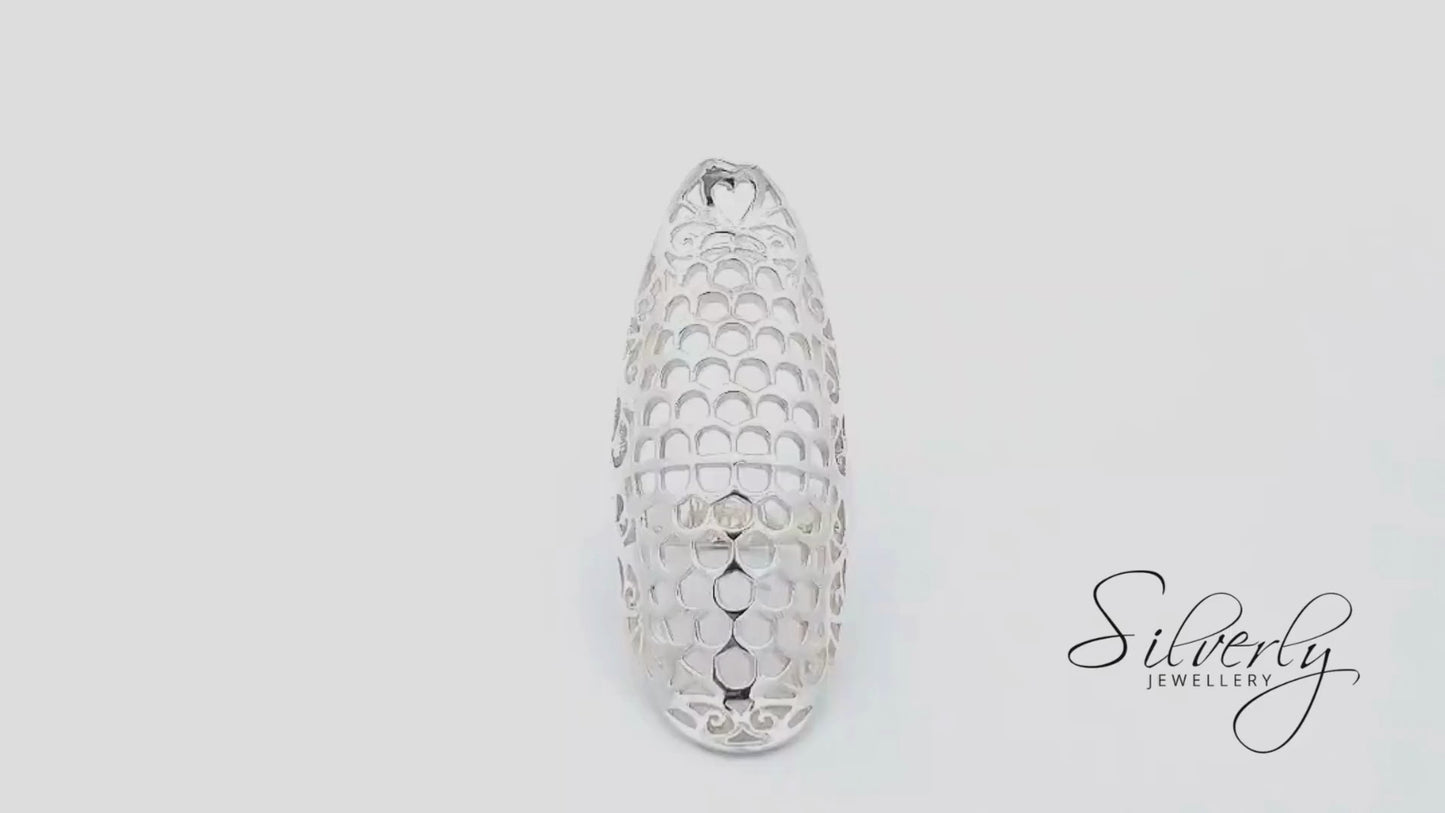 Sterling Silver Honeycomb Armour Ring – Filigree Full-Finger Design