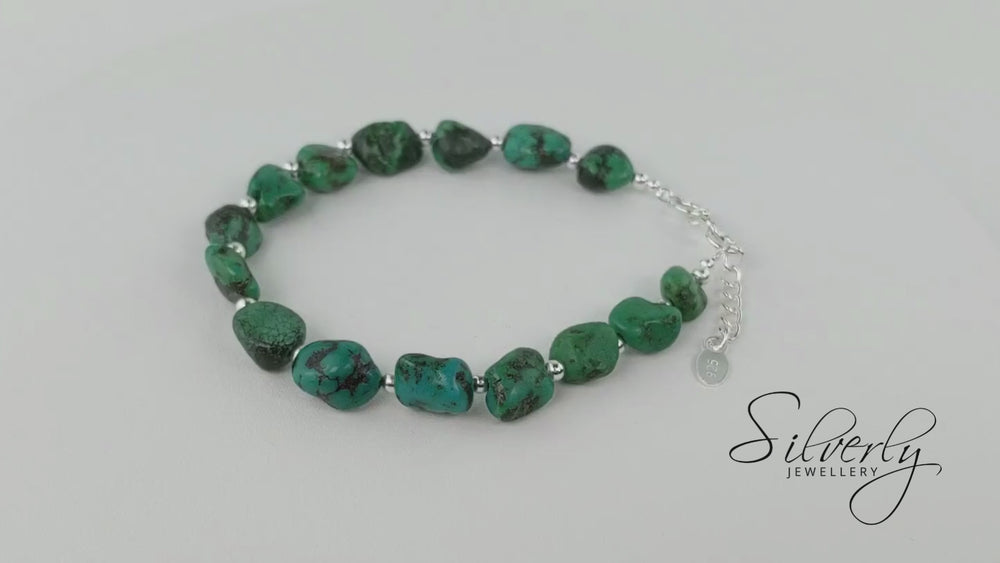 
                  
                    Load and play video in Gallery viewer, Sterling Silver Raw Turquoise Gemstone Bead Bracelet Beaded Jewellery
                  
                