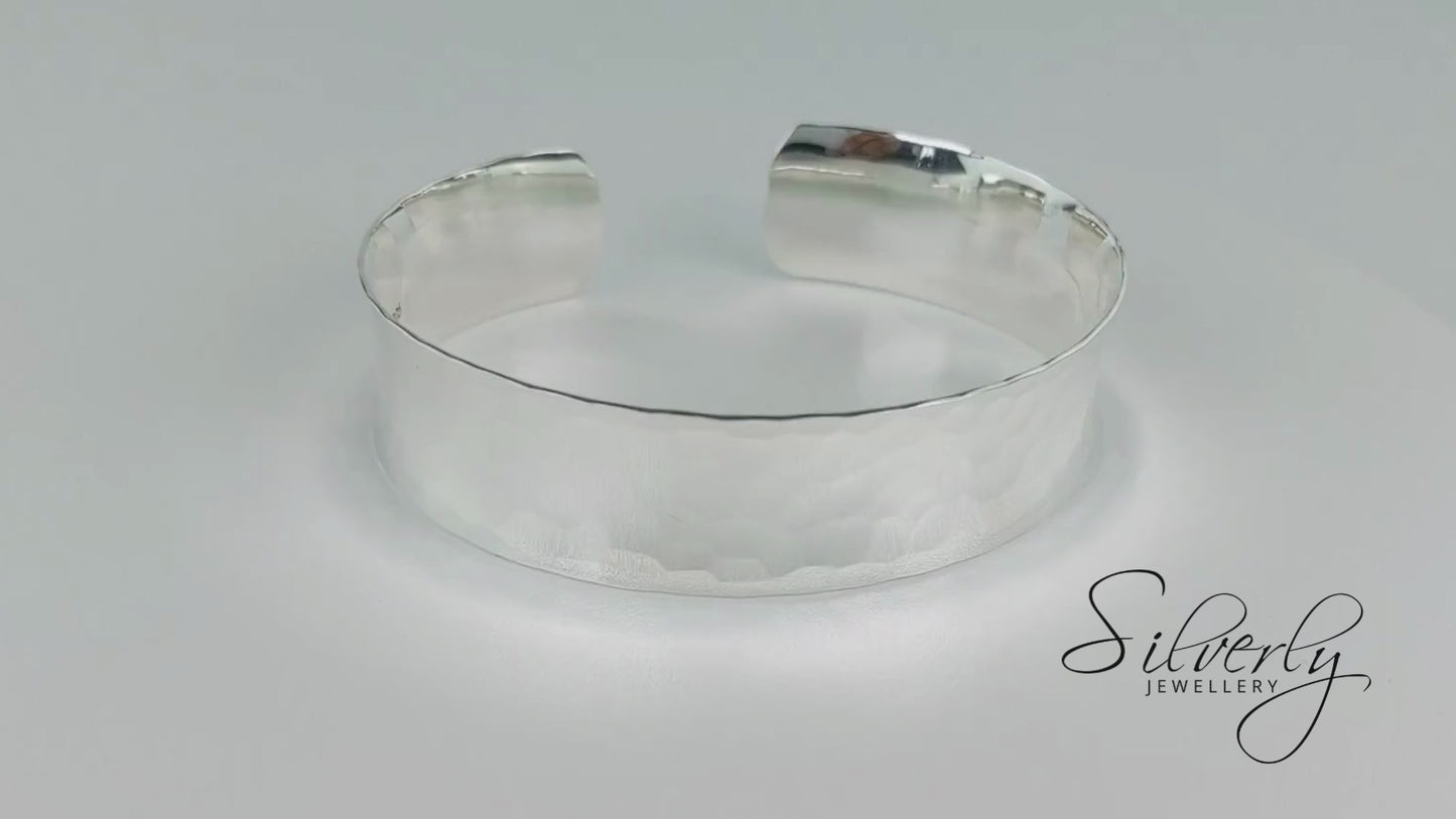 Sterling Silver Wide Hammered Cuff Bangle - Adjustable Concave Bracelet