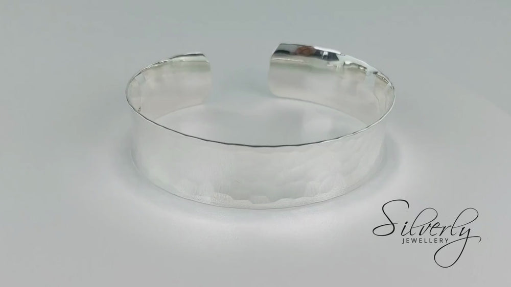 
                  
                    Load and play video in Gallery viewer, Sterling Silver Wide Hammered Bangle Adjustable Concave Cuff Bracelet
                  
                