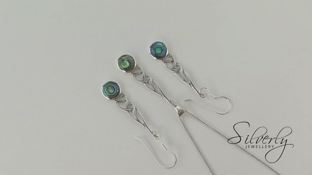 
                  
                    Load and play video in Gallery viewer, Sterling Silver Abalone Shell Long Drop Celtic Knot Jewellery Set
                  
                