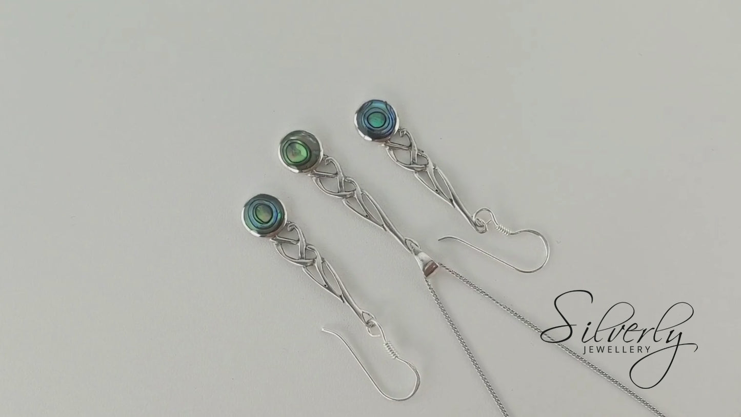 
                  
                    Load and play video in Gallery viewer, Sterling Silver Abalone Shell Long Drop Celtic Knot Jewellery Set
                  
                